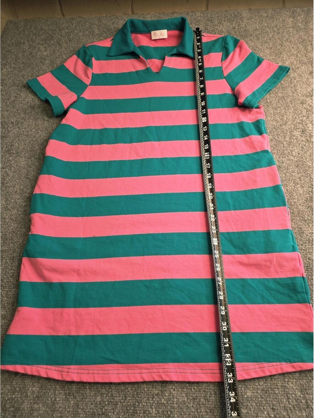 Pink Lily Teal Pink Striped Collared T-Shirt Dress Shift Preppy Knit Mini M - Picture 4 of 8